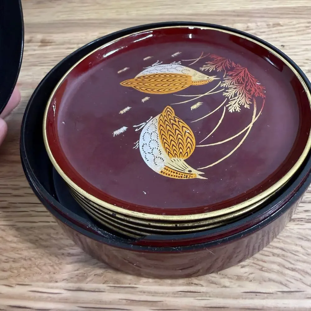 Vintage Japanese Lacquerware Coasters Set of 5 Burgundy Gold Floral 4 Inch